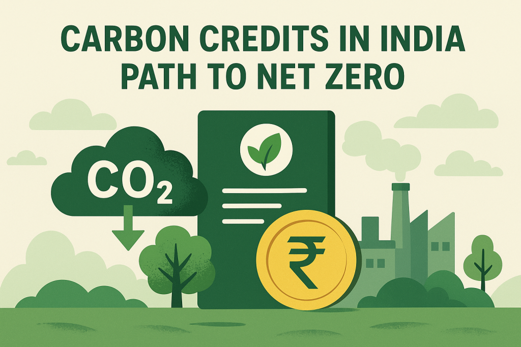 Carbon credits in India infographic showing path to net zero through tree plantation and sustainability projects.